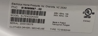 ELectrolux Dryer Model Tag Cropped