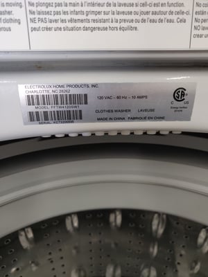 Electrolux Washer Model Tag