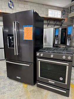 KitchenAid KRFC704FBS French Door Refrigerator and KSGG700EBS Gas Range